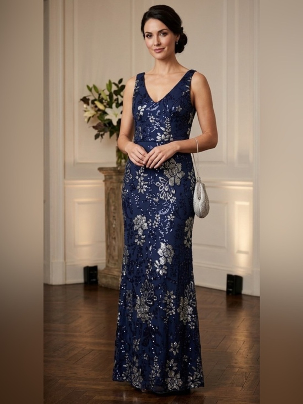Alex Evenings Navy Blue Sequin Formal Evening Gown Dress V-Neck Maxi 8 NWOT